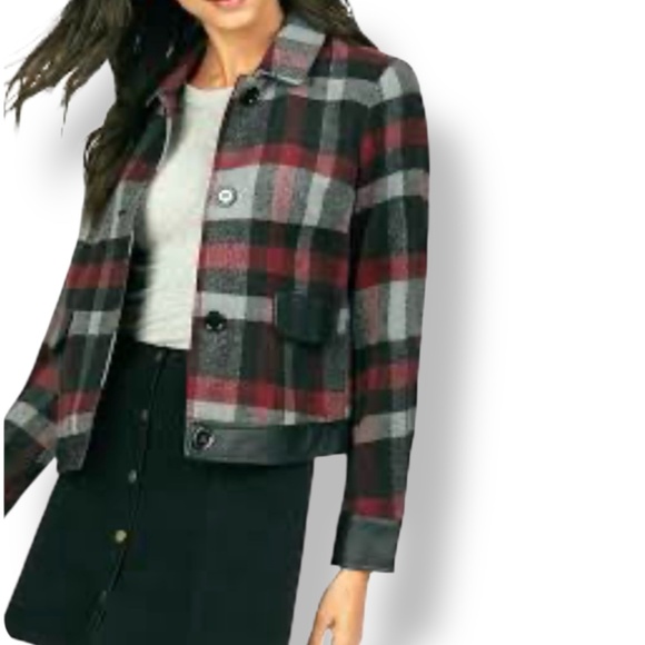 JUST FAB Plaid Cropped Jacket Faux Leather Trim Front Button Closure US Sz 3X - Picture 3 of 11